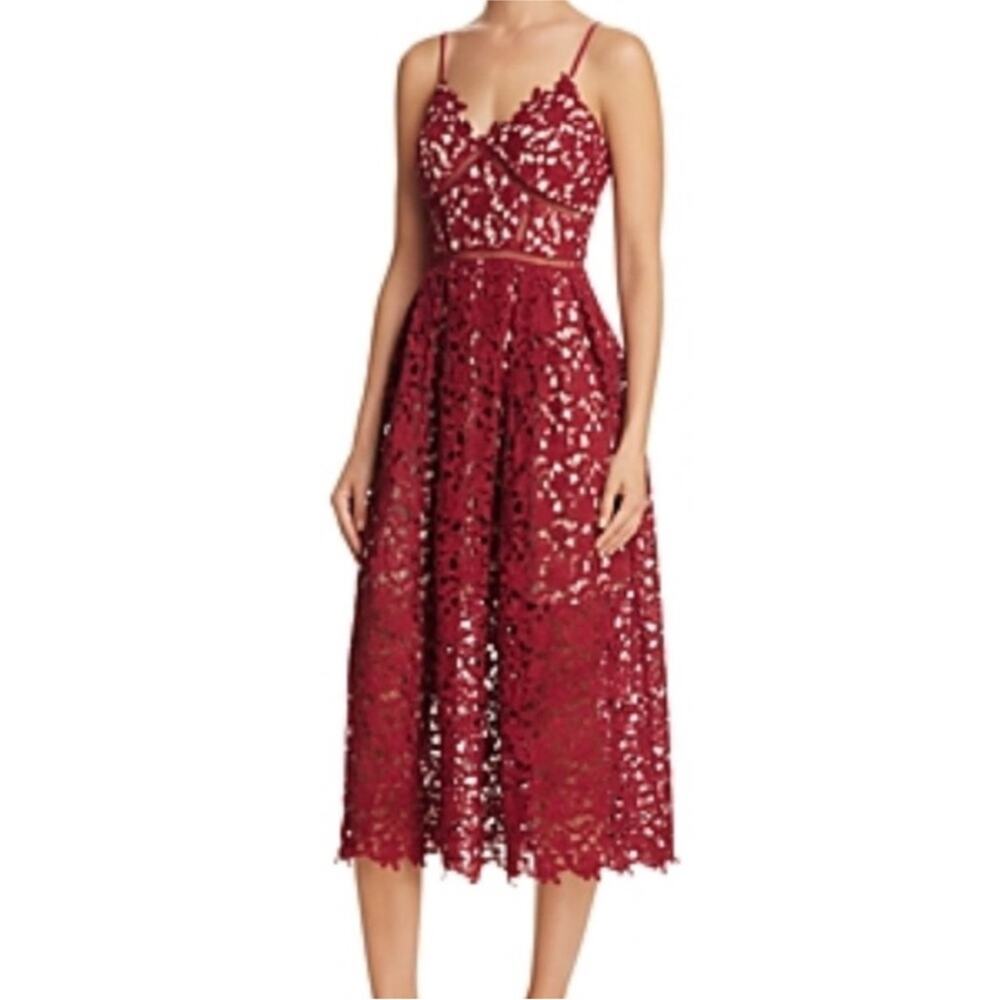 Aqua Lace Dress Burgundy Maroon Nude Spagetti Strap Midi NWT Medium Feminine